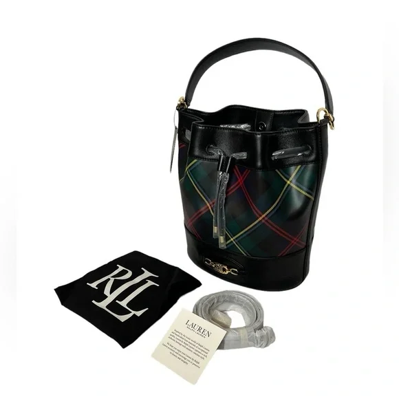 Ralph Lauren Andie Bucket Drawstring Plaid Leather Crossbody Bag